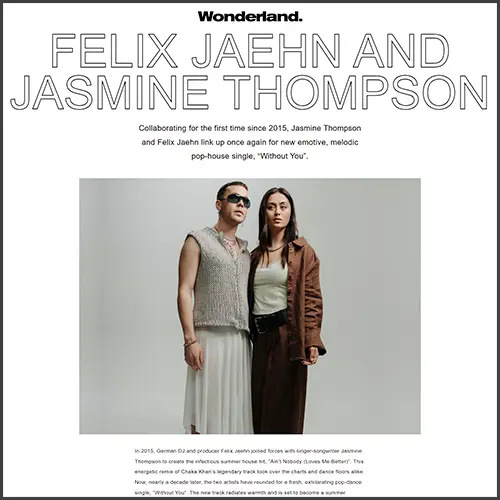 felixjaehnjasminethompsonwonderlandmagazine Flix Jaehn, Jasmine Thompson, Wonderland, News